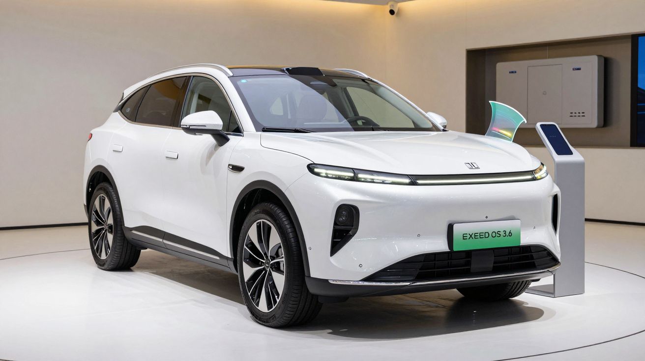 SUV branco moderno em exibição numa sala iluminada, com ecrã digital ao lado.