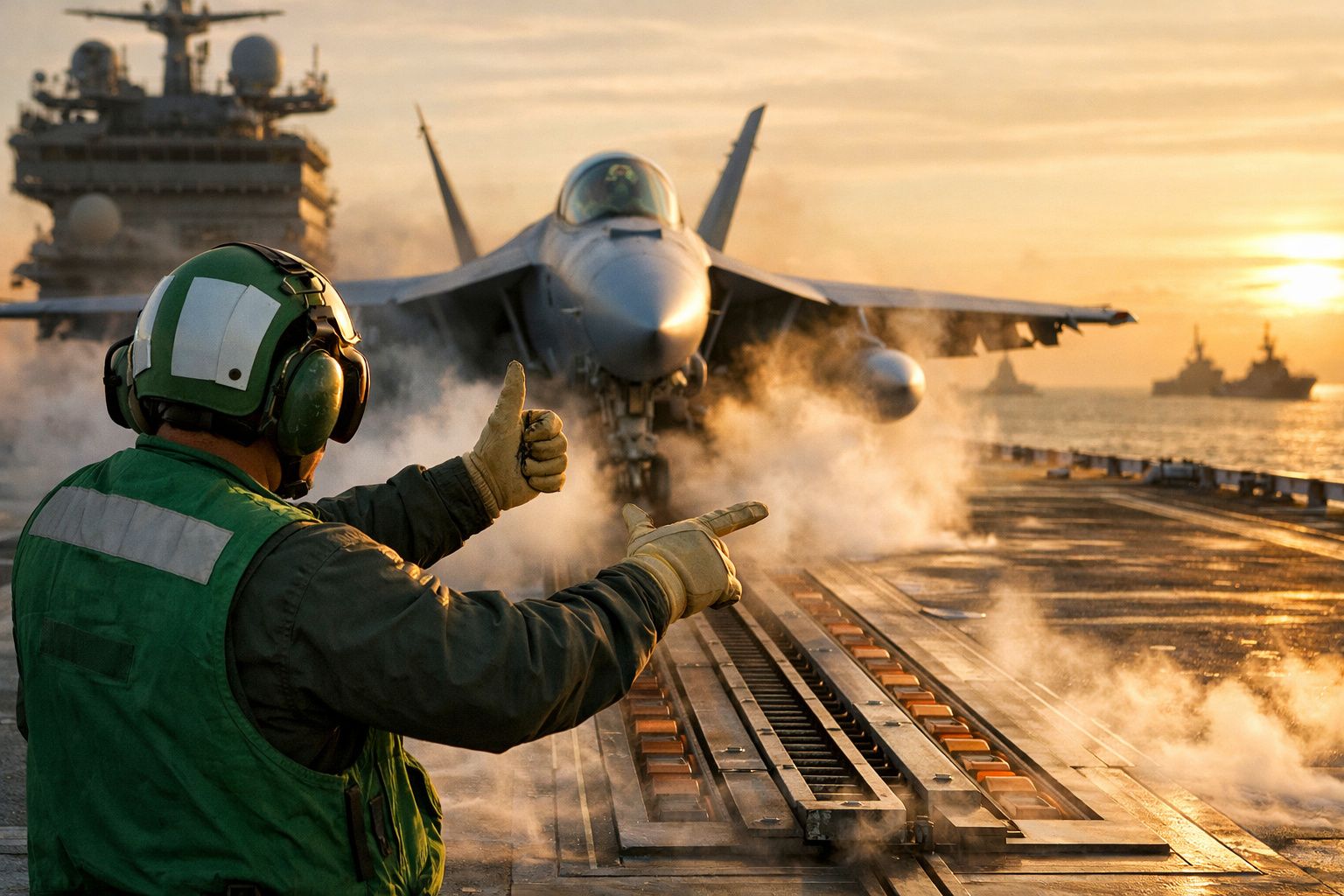 Operador orienta avião a descolar de porta-aviões ao pôr do sol, com capacete e luvas em caixa ao lado.