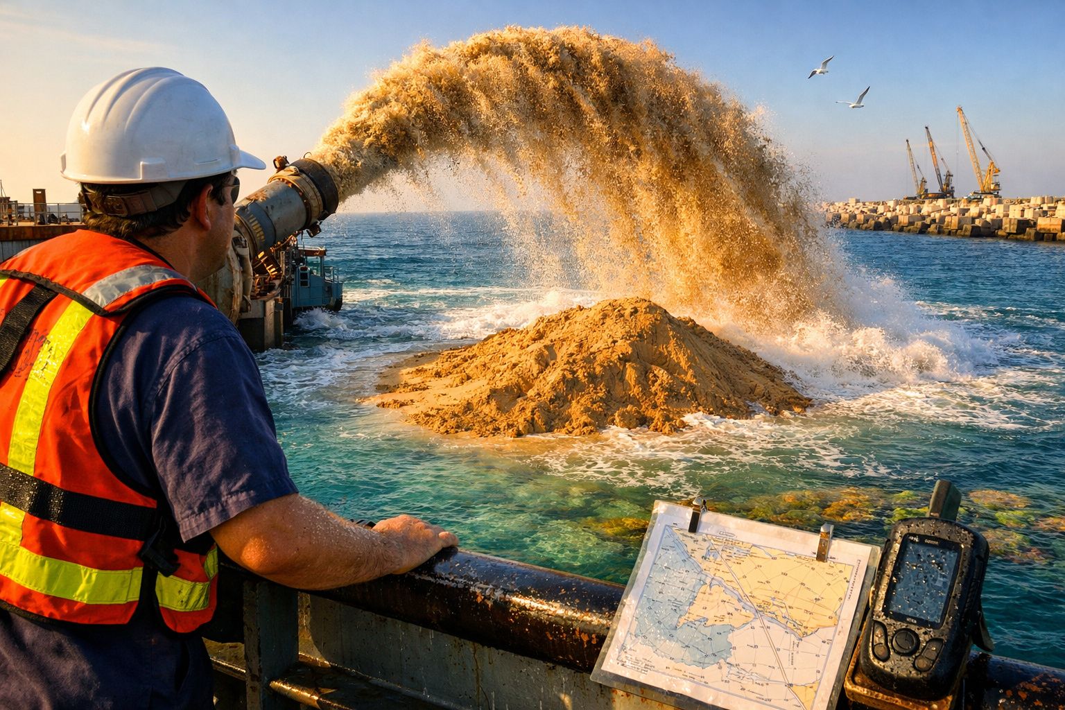 Ilha artificial em construção, com navios na água turquesa a despejar areia, cercada por barreira flutuante.