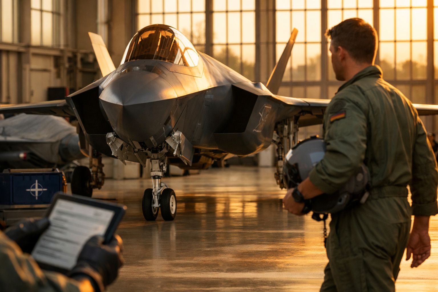 Piloto de uniforme verde segura capacete e prancheta em hangar com aviões de combate ao fundo.
