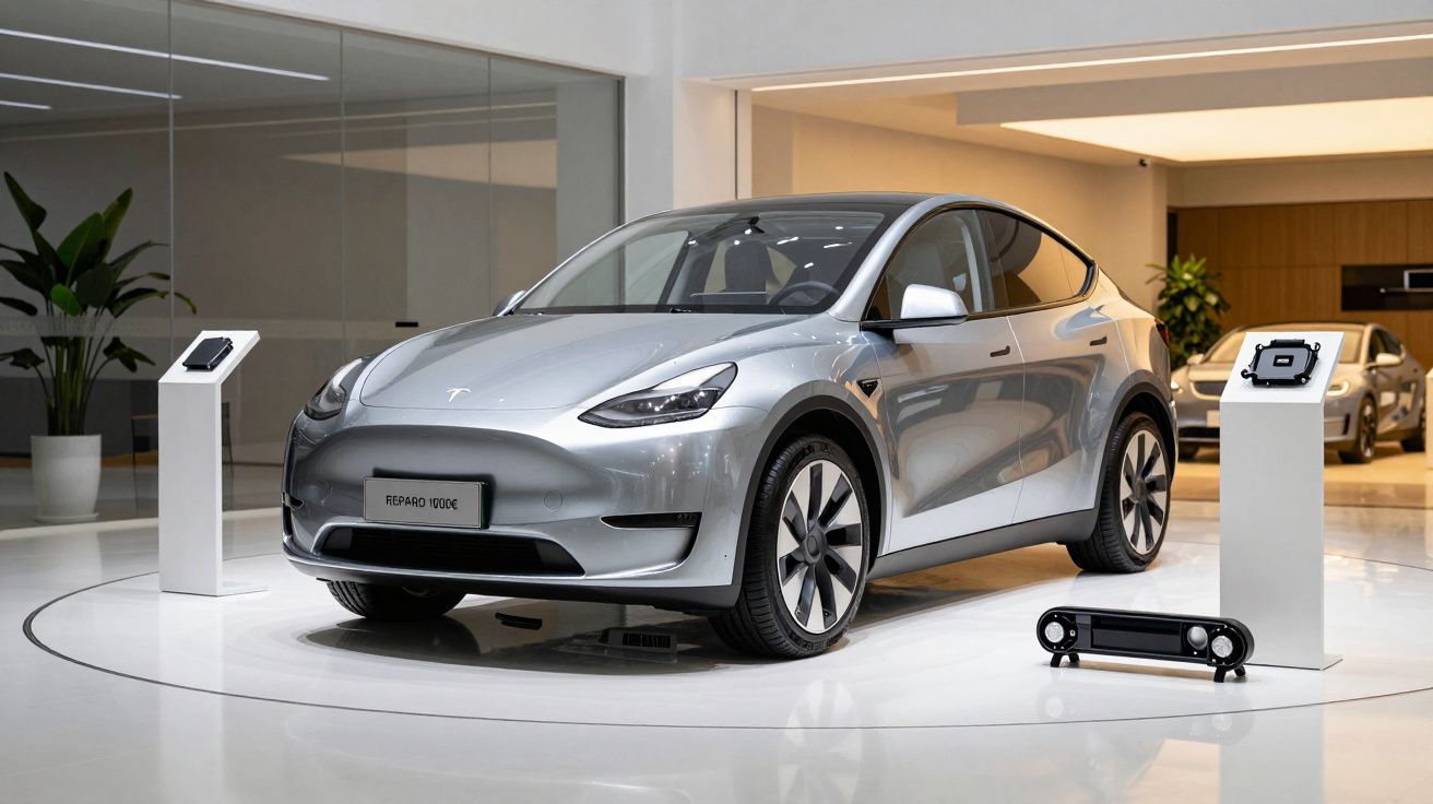 Carro elétrico prateado em showroom moderno, cercado por displays digitais e plantas.