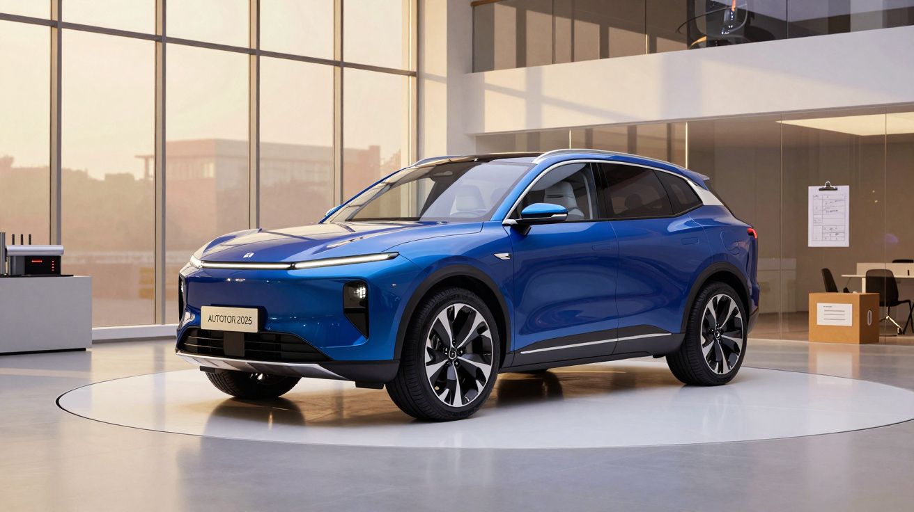 SUV azul num showroom moderno iluminado pelo sol com amplas janelas de vidro.