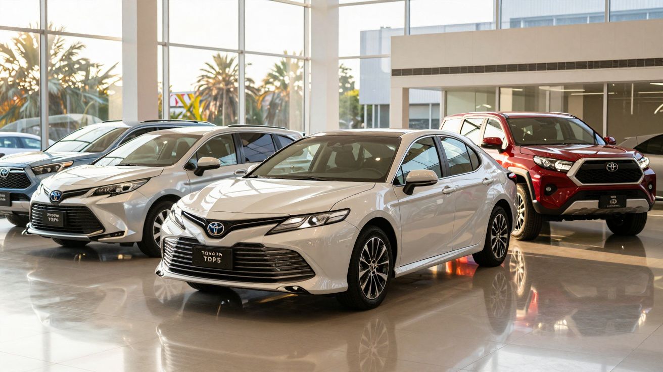 Exposição de carros na concessionária, com modelos Toyota alinhados em showroom iluminado e moderno.