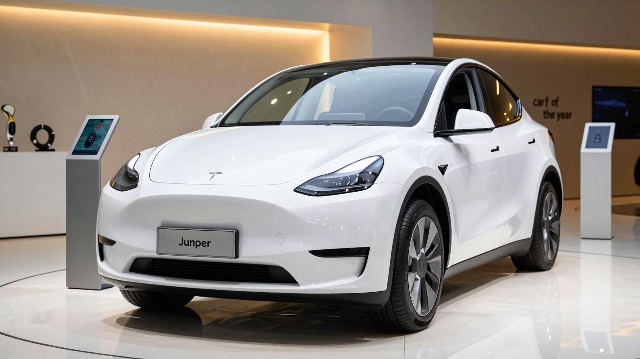 Carro elétrico branco exposto em salão automóvel, em ambiente iluminado e moderno, com ecrãs interativos em redor.