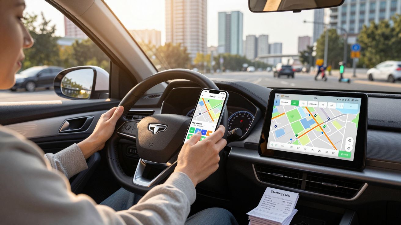 Condutor utiliza GPS no smartphone e tablet no carro, conduzindo numa rua urbana com edifícios ao fundo.