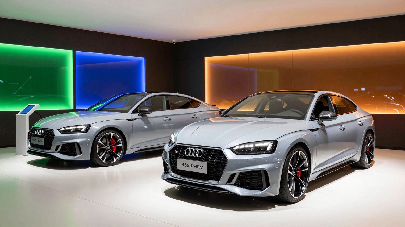 Dois carros Audi RS5 PHEV prateados em exposição num showroom com iluminação colorida nas paredes.