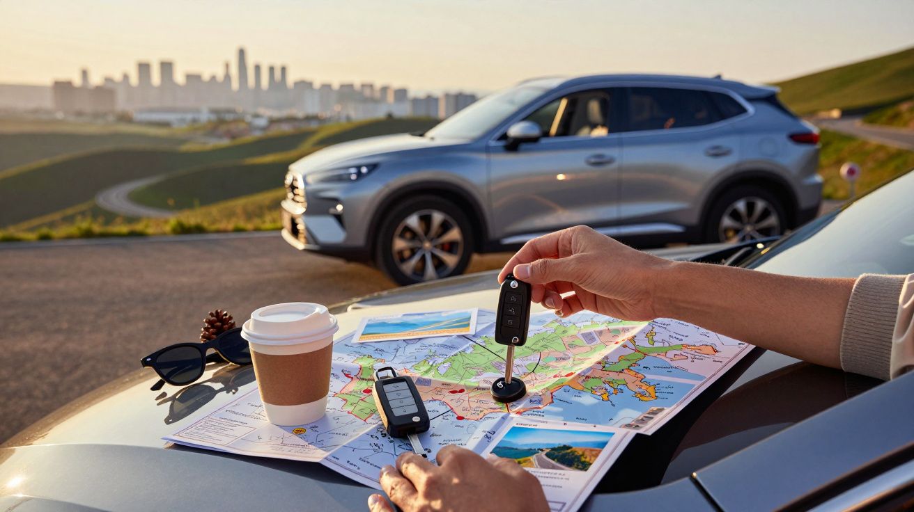 Pessoa com mapa e chave de carro num capô, com SUV e paisagem urbana ao fundo durante o entardecer.