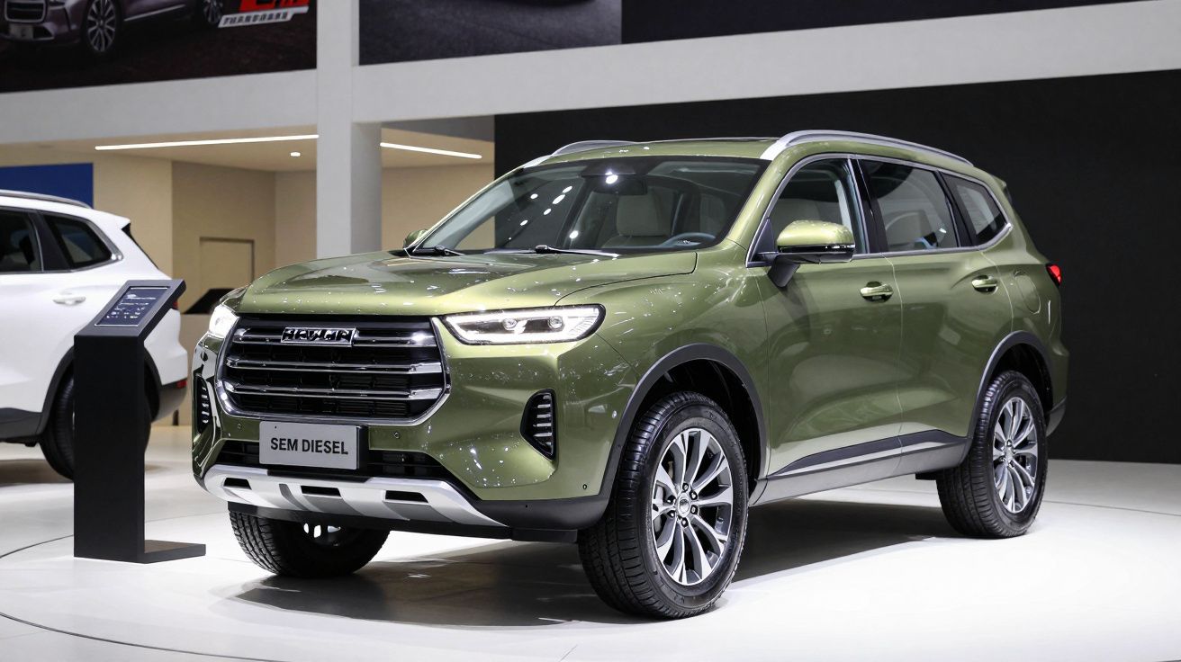 SUV verde exposto em salão automóvel com iluminação destacada.