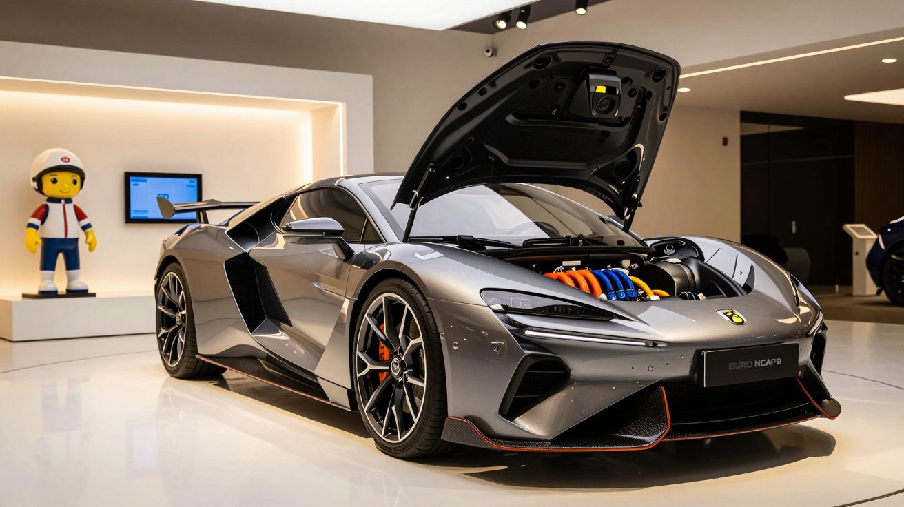 Carro desportivo cinzento com capô aberto num showroom, ao lado de uma grande figura de brinquedo.