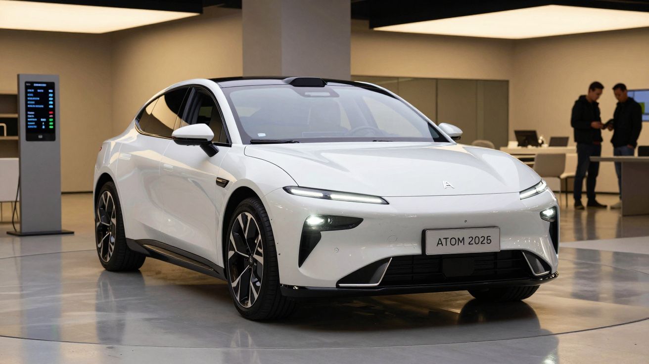 Carro elétrico branco futurista num showroom moderno com duas pessoas ao fundo.