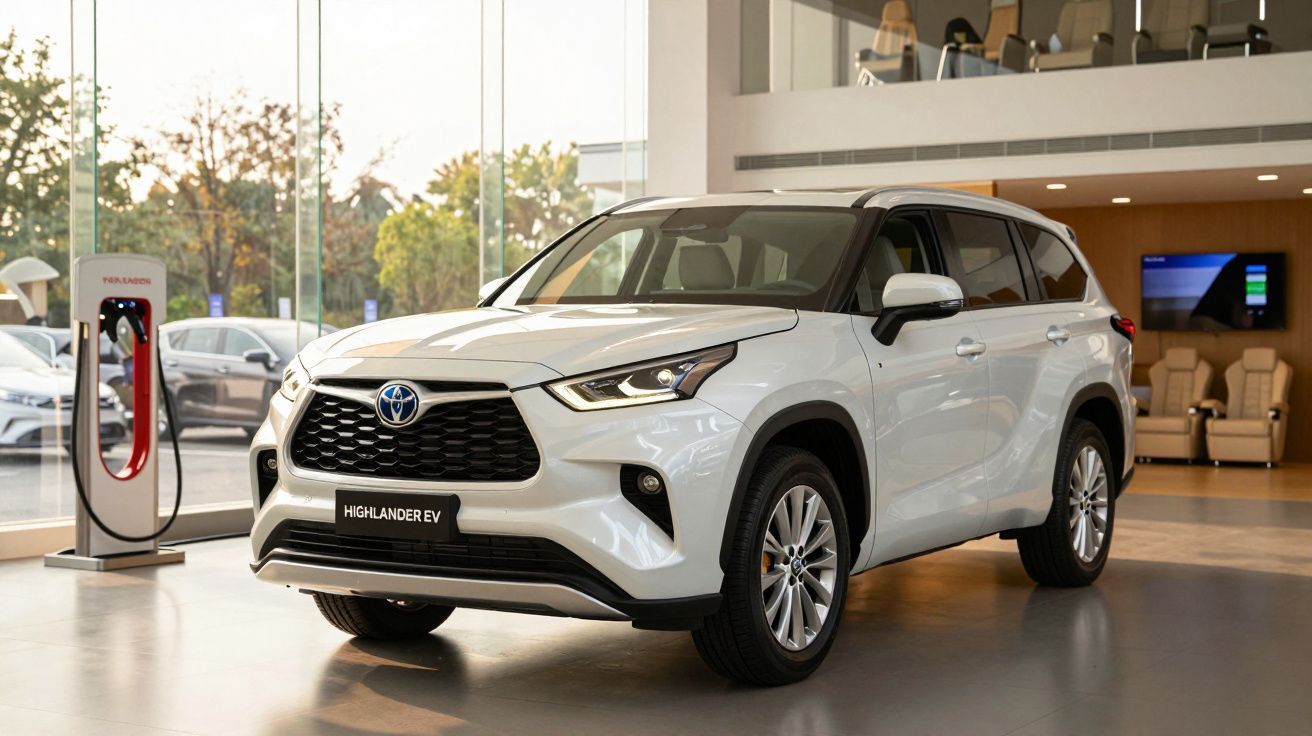 SUV branco exposto num showroom, com janelas amplas e interior moderno visível ao fundo.