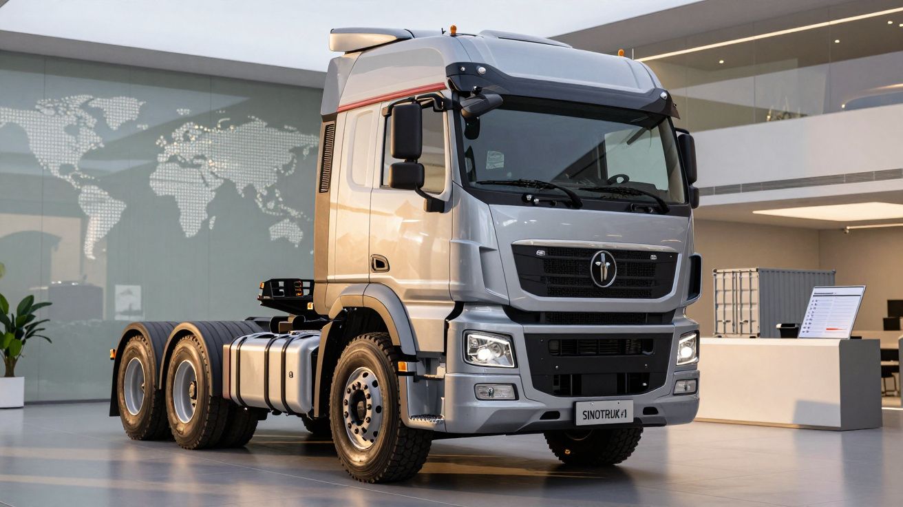 Camião prata de modelo moderno estacionado num showroom com mapa-múndi em fundo.