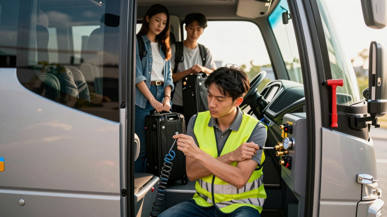 Técnico inspeciona uma carrinha, enquanto duas pessoas com malas esperam para embarcar na entrada do veículo.