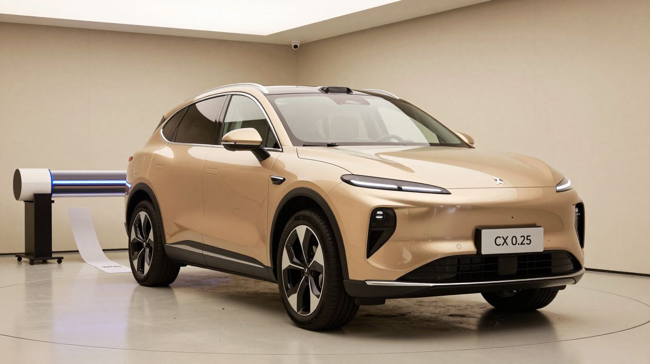 Carro elétrico SUV dourado em exibição em showroom minimalista com cartaz cilíndrico ao fundo.