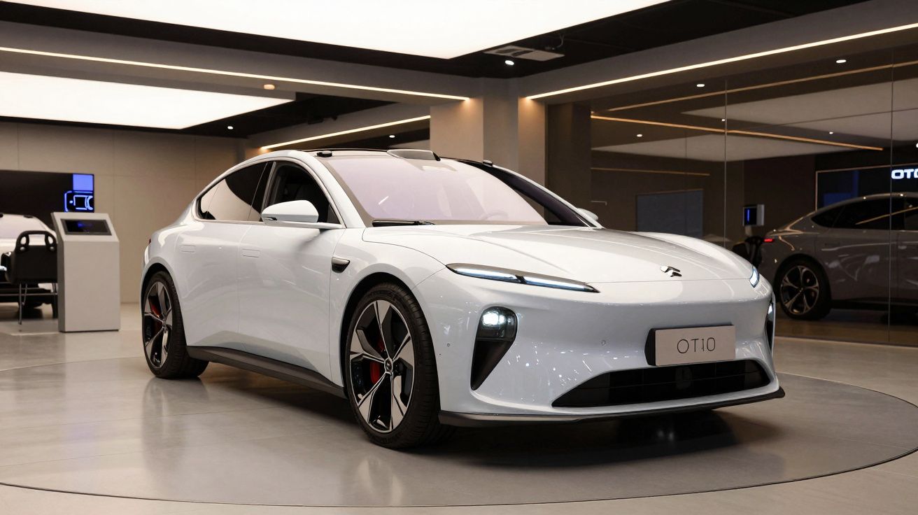 Carro desportivo elétrico branco em exposição num showroom moderno e bem iluminado.