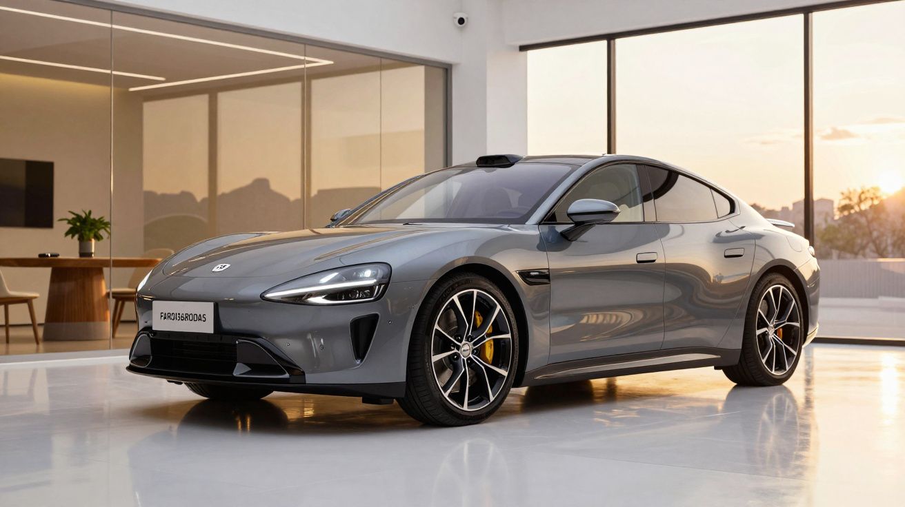 Carro desportivo cinzento em showroom moderno com janelas grandes, luz solar ao fundo.