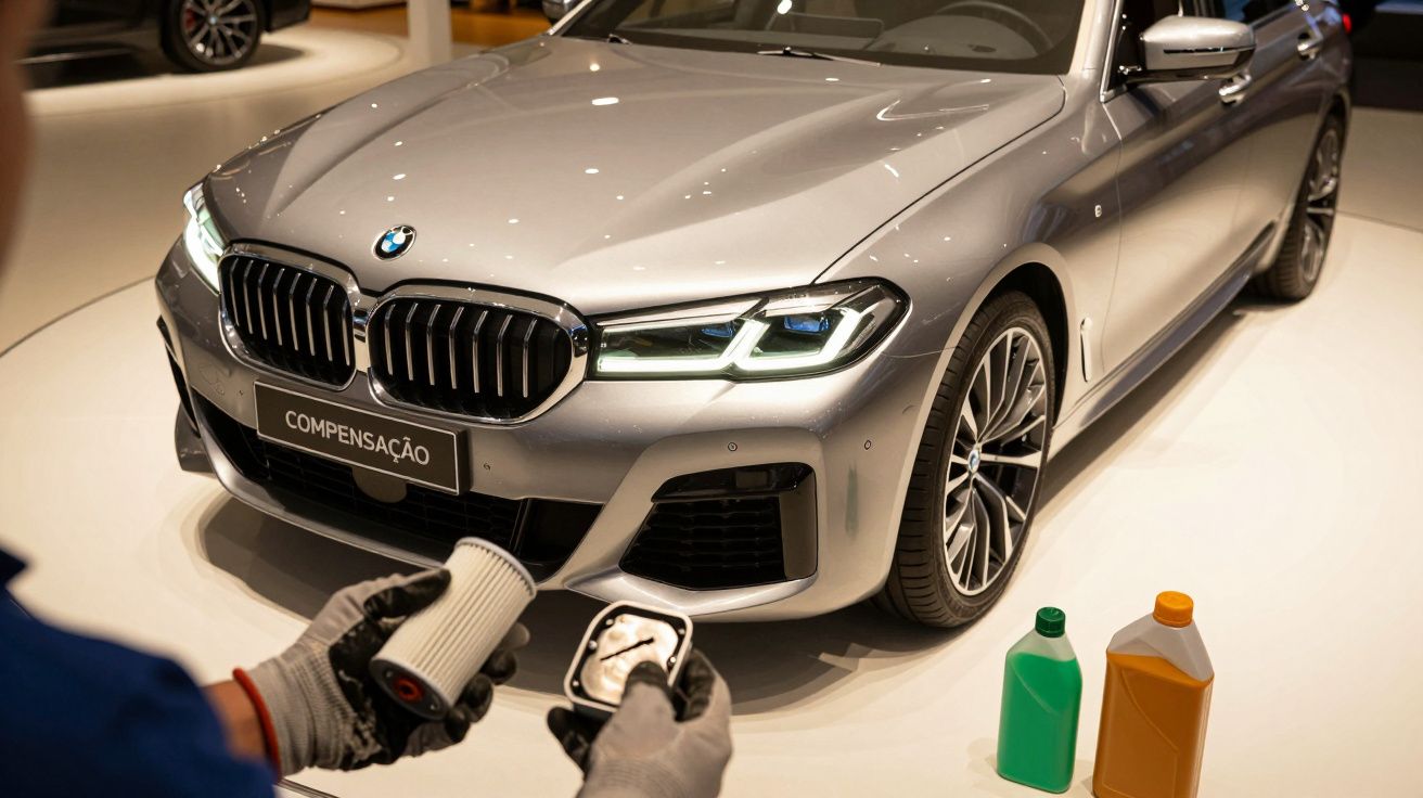 Pessoa segura filtros de óleo diante de um BMW cinza com faróis acesos, frascos de óleo ao lado.