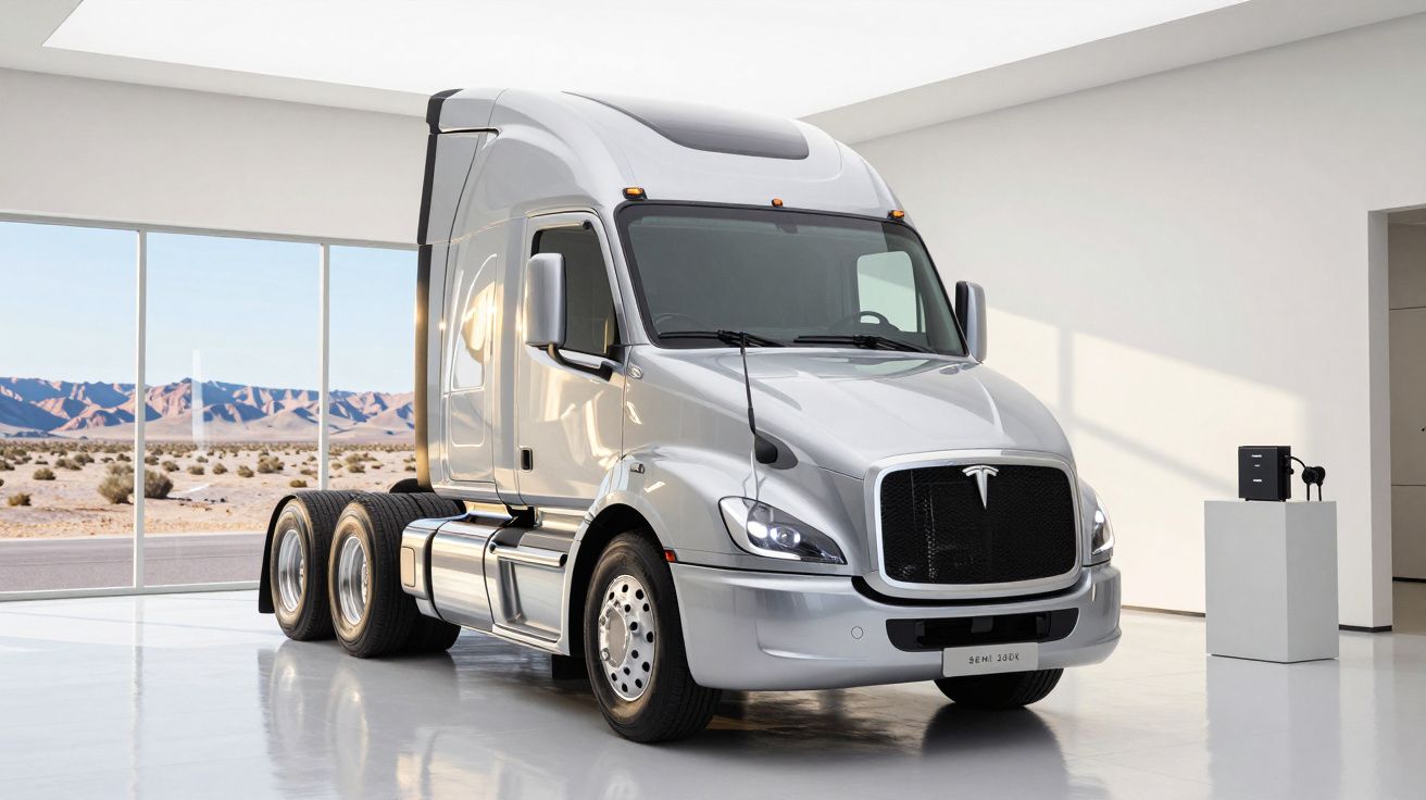 Camião prateado num showroom moderno com janela mostrando paisagem desértica ao fundo.