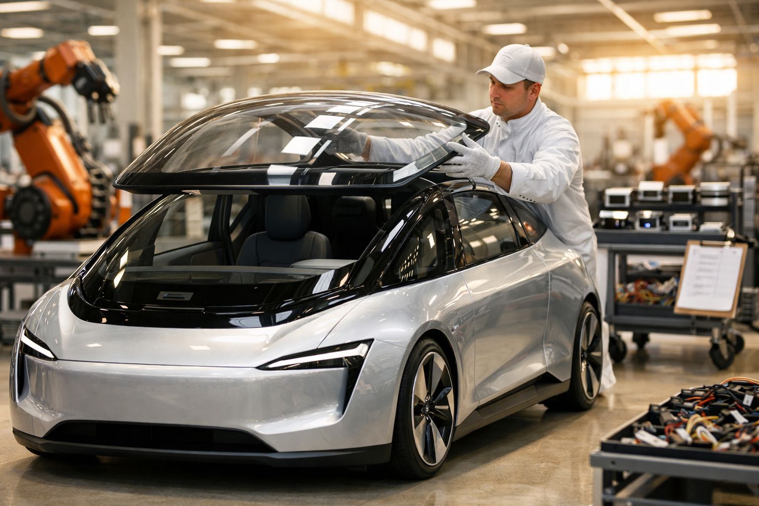 Dois técnicos analisam veículo autónomo em linha de montagem com robôs industriais no fundo.