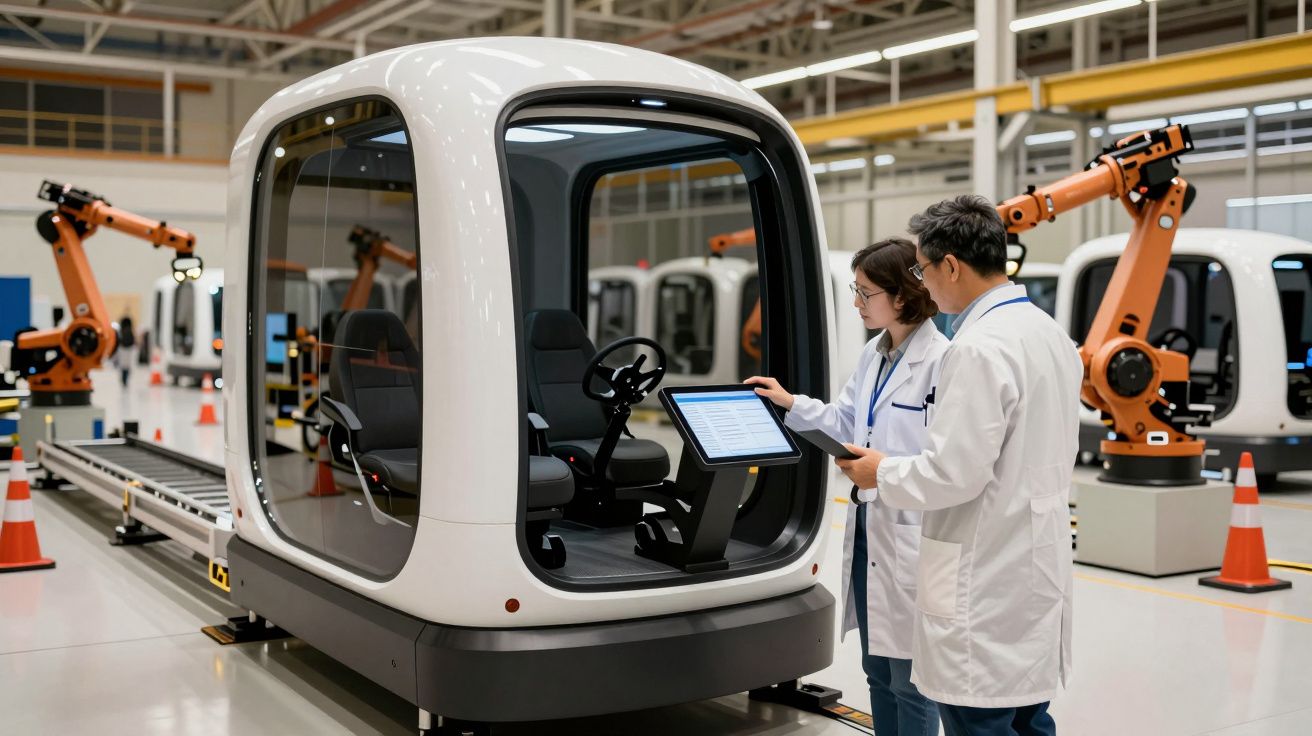 Duas pessoas analisam veículo autônomo em fábrica com braços robóticos ao fundo.