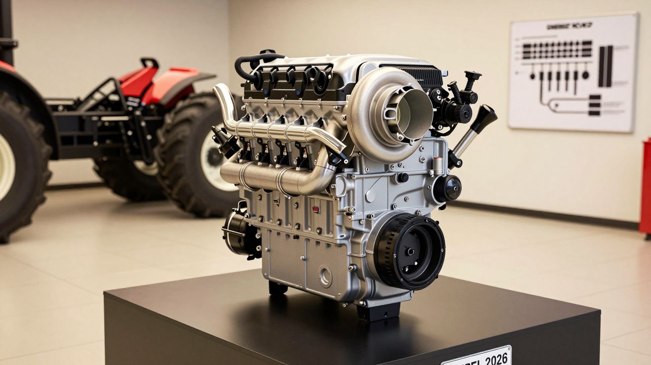 Motor prateado em exposição com um trator ao fundo em sala clara.
