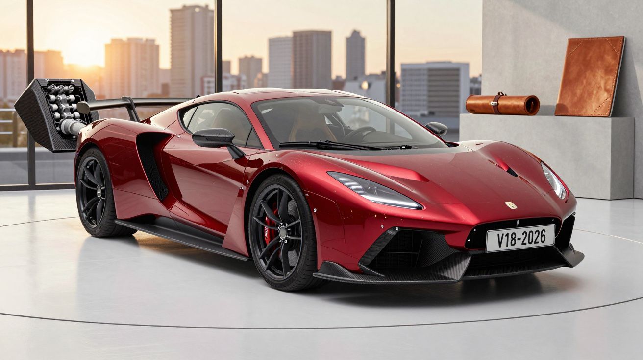 Carro desportivo vermelho brilhante em exposição num showroom moderno com vista para a cidade ao fundo.