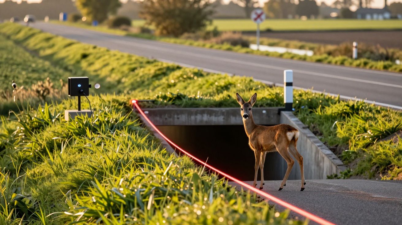 Veado parado em estrada rural ao lado de um túnel, com linha laser vermelha atravessando o caminho.