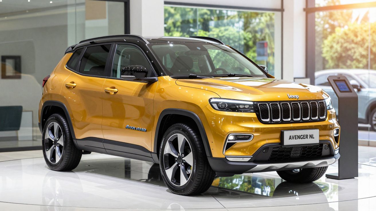 SUV amarelo em exposição numa sala de showroom iluminada.