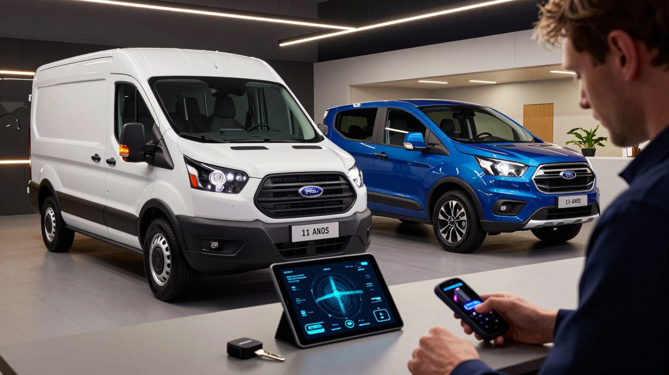 Dois veículos Ford num showroom, um furgão branco e um carro azul, com um homem usando tablet e telemóvel.