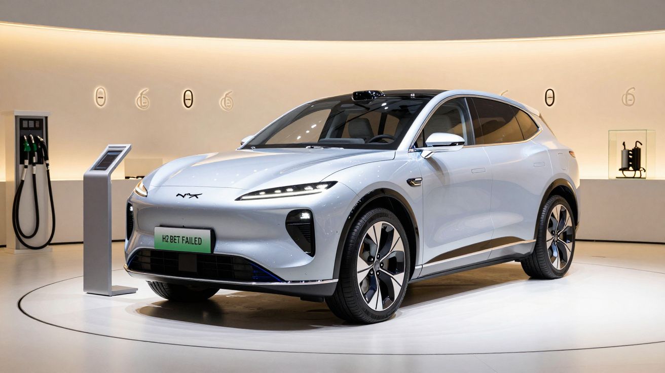 SUV elétrico branco exposto num salão automóvel, com estação de carregamento ao lado.