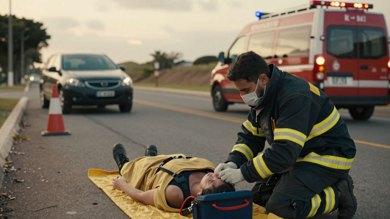 Bombeiro socorre pessoa deitada na estrada ao lado de viatura de emergência.