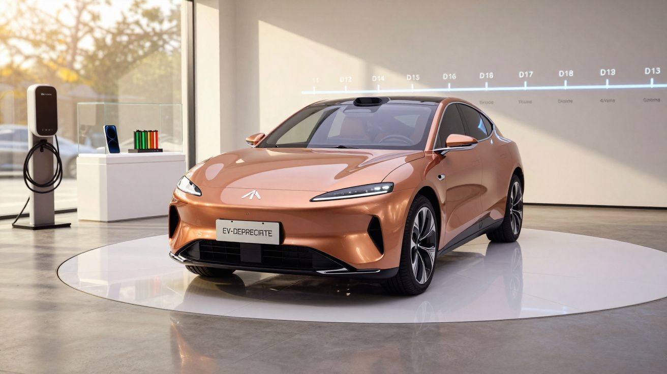 Carro elétrico cor de cobre em exposição num salão de automóveis, com estação de carregamento ao fundo.