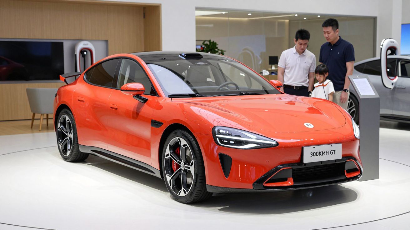Carro desportivo vermelho brilhante em exposição num showroom moderno, com família a observar ao fundo.