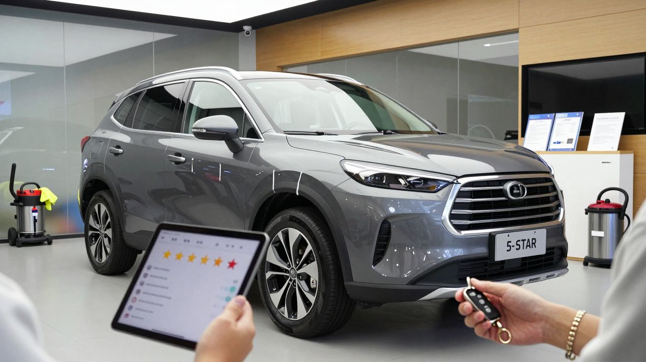 SUV cinzento em exposição num showroom, com pessoa segurando comando e outra avaliando-o num tablet.