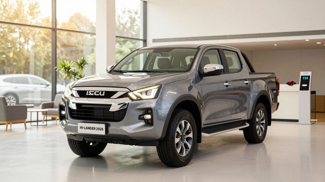 Pickup cinza Isuzu Hi-Lander 2026 em exposição num showroom moderno, com janelas grandes e luz natural.