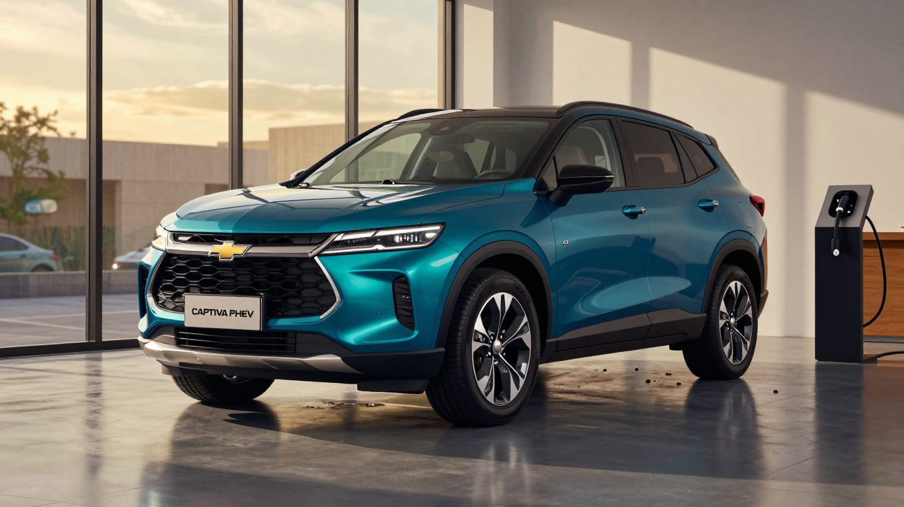 SUV azul numa garagem, ligado a um carregador elétrico, com luz natural entrando por grandes janelas ao fundo.