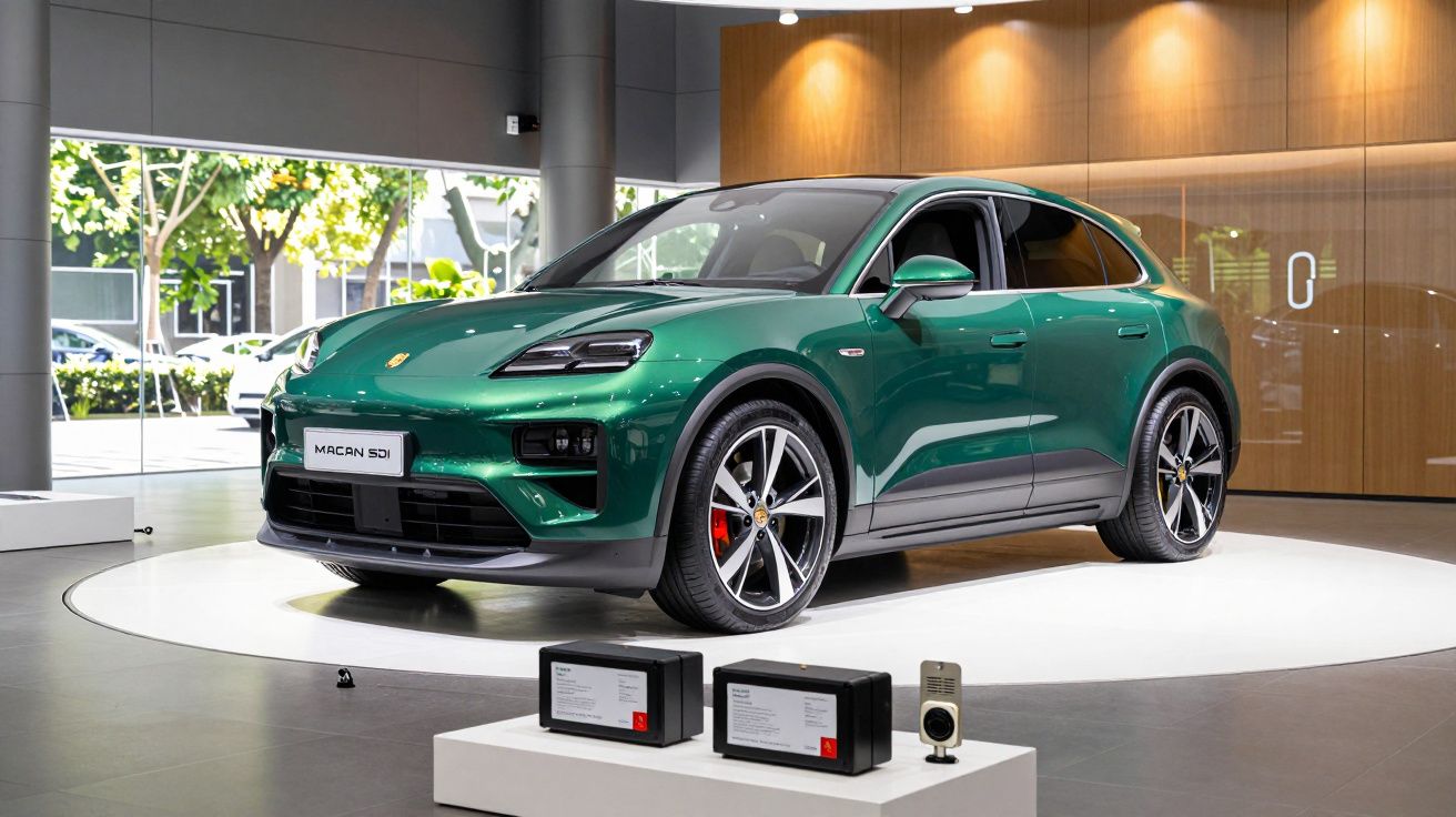 SUV verde em exposição num showroom, com rodas de liga leve grandes e design moderno.