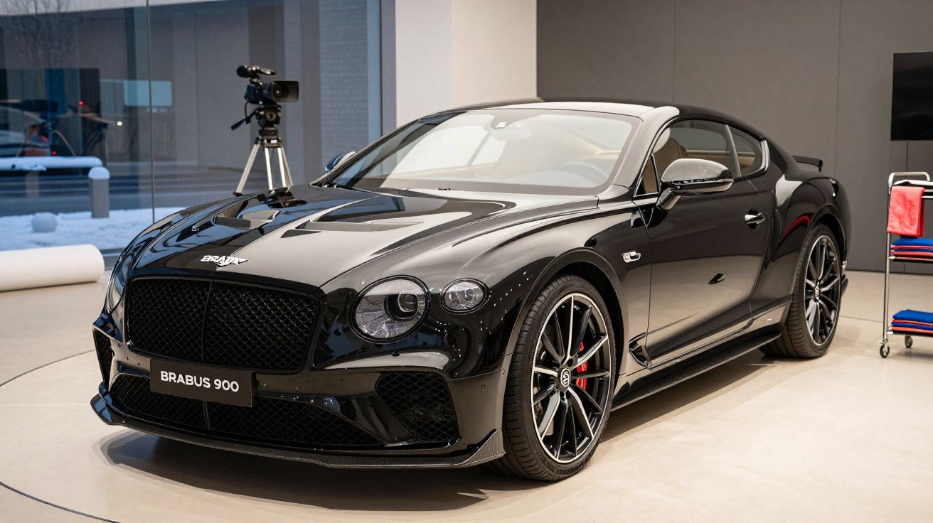 Carro desportivo preto Brabus 900 em exposição dentro de um showroom.