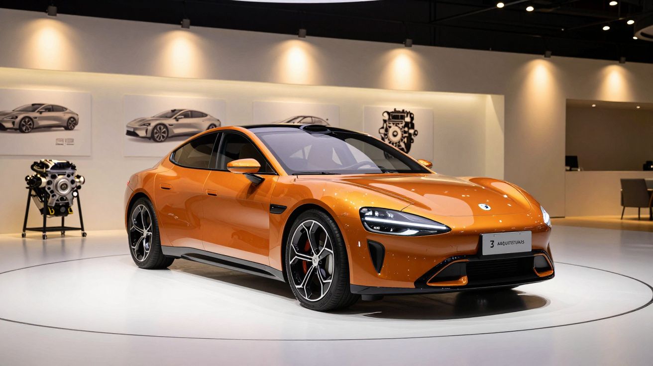 Carro desportivo laranja em exposição num showroom, com design moderno e luzes de teto em destaque.