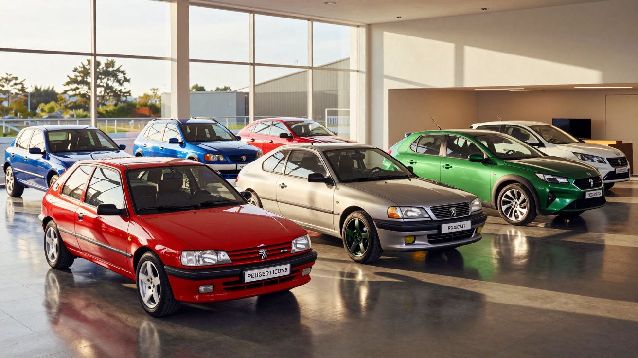 Exposição de carros Peugeot em uma sala iluminada, com veículos de diversas cores dispostos lado a lado.