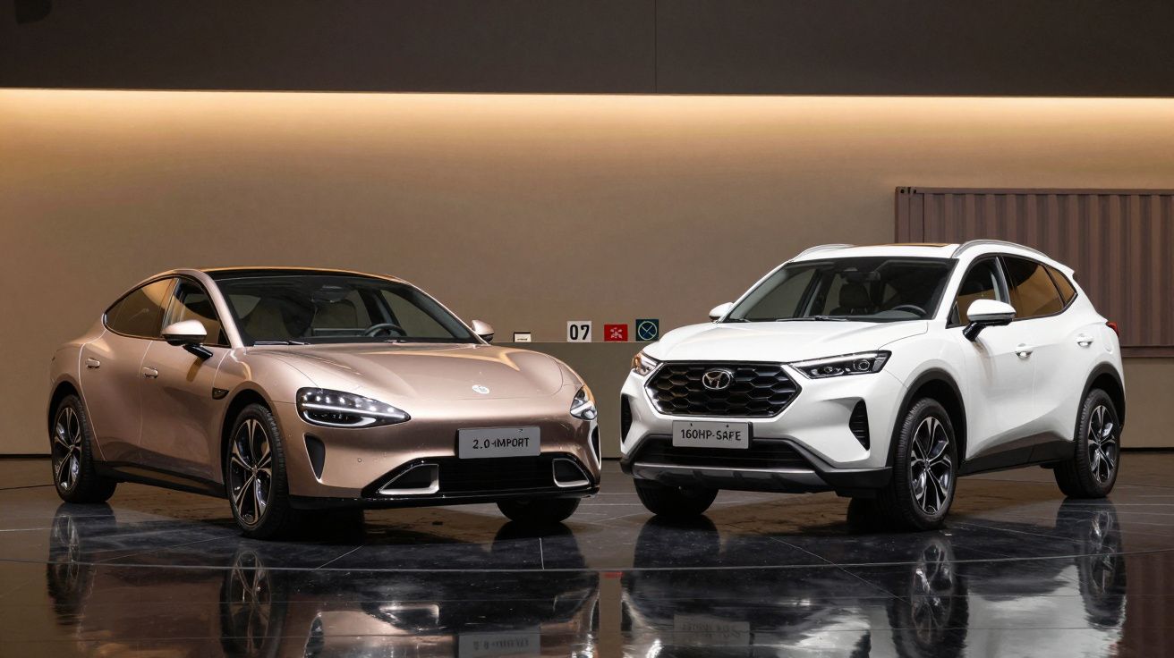 Dois carros lado a lado numa sala iluminada: à esquerda, sedan bege; à direita, SUV branco.