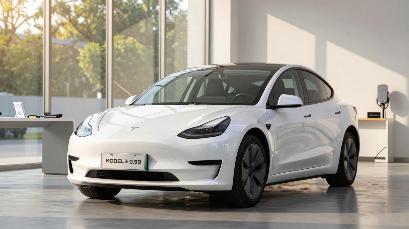 Carro elétrico branco em exposição num showroom moderno e iluminado, com árvores visíveis através das janelas.