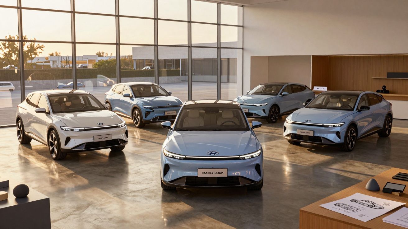 Cinco carros elétricos modernos em exposição num showroom iluminado pelo sol, com vidraças ao fundo.