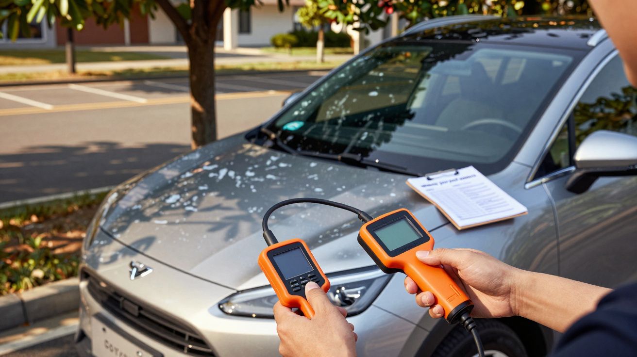 Pessoa usa dispositivo de medição em frente a um carro cinza sob uma árvore, com uma prancheta no capô.