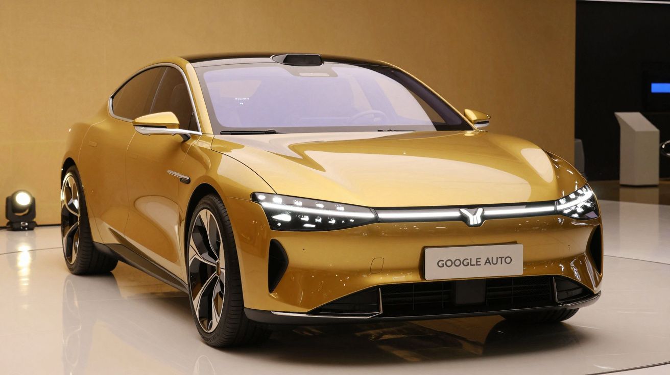 Carro dourado futurista exibido em salão de automóveis, com design aerodinâmico e faróis LED.