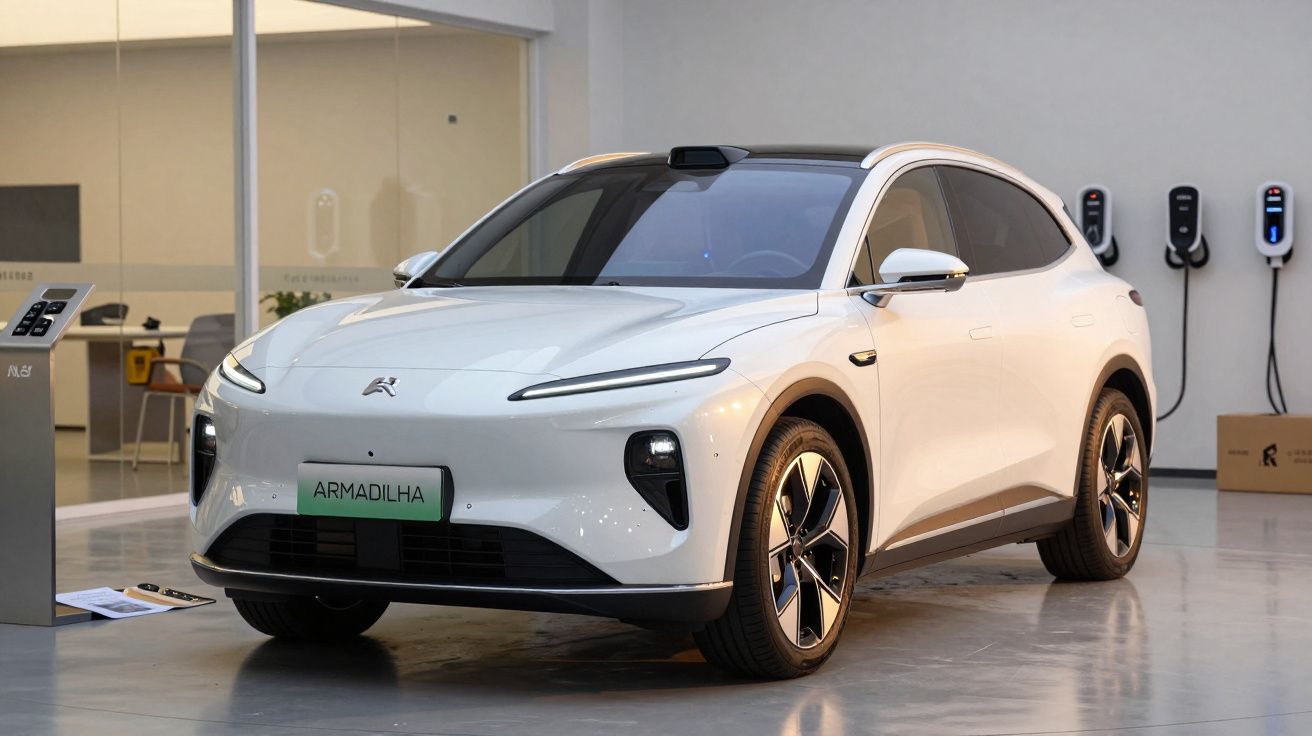 Carro elétrico branco num showroom, com carregadores pendurados na parede ao fundo.