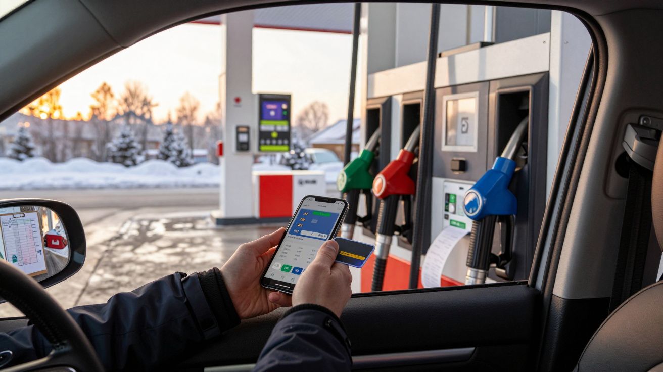 Pessoa paga combustível numa bomba utilizando o telemóvel, com cartões de pagamento ao lado.
