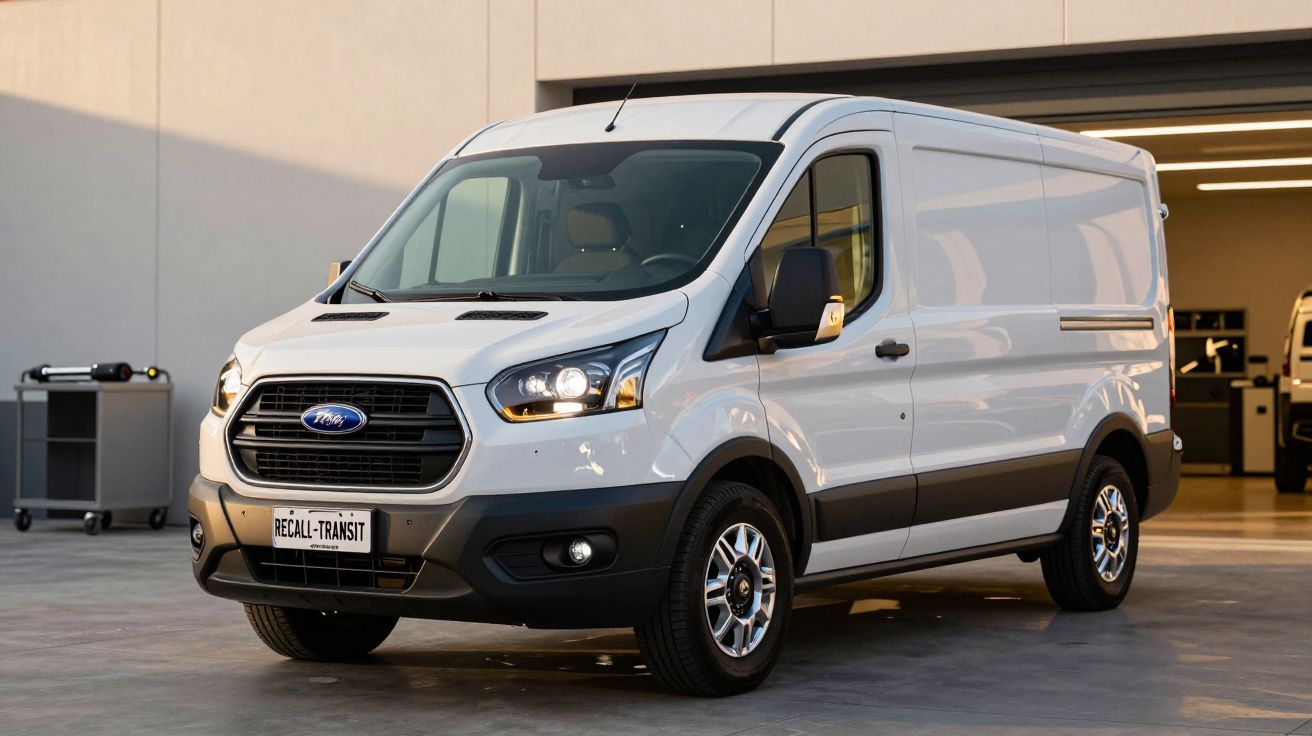 Carrinha Ford Transit branca estacionada numa garagem bem iluminada.