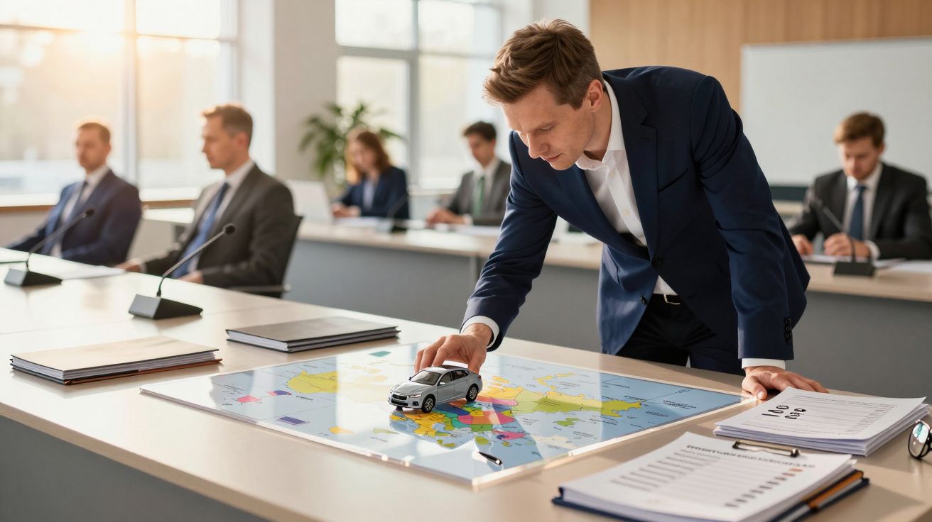 Homem num escritório, usando carro em miniatura sobre mapa de mundo na mesa, enquanto colegas trabalham ao fundo.
