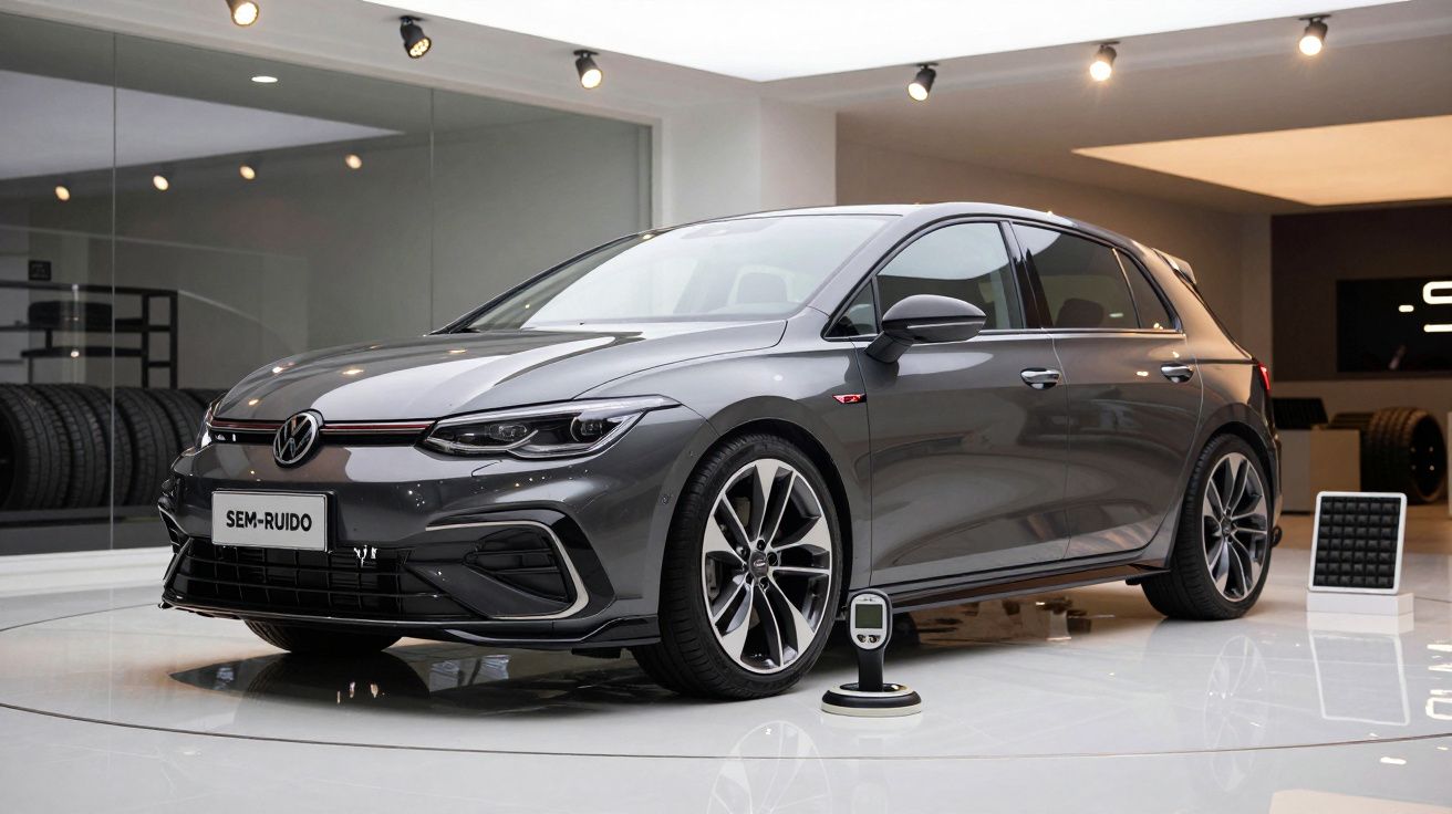 Carro cinzento moderno num showroom iluminado, com placa "sem-ruído" à frente.